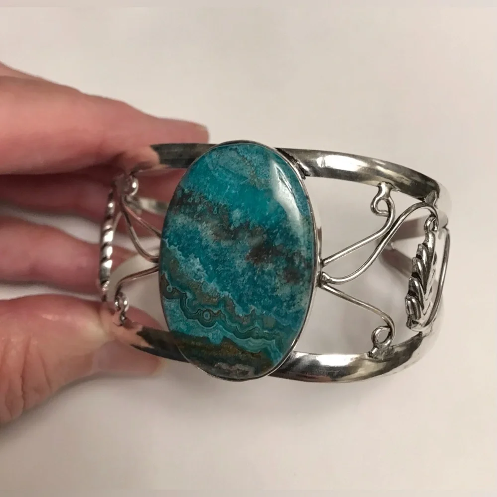 Chrysocolla Stamped Solid 925 Sterling Silver Cuff Bracelet